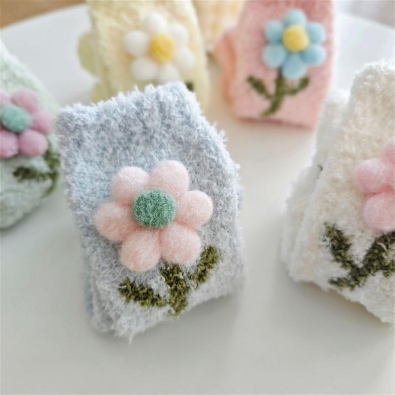 Japanese Women Girl Cute Coral Fleece Slipper Socks 3D Plush Flower Thicken Warm Thermal Fuzzy Floor Sleeping Socks