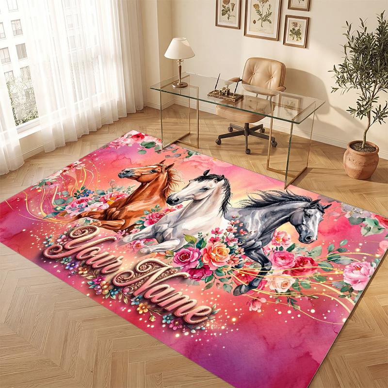Horse Theme Soft Crystal Velvet Rug Custom Name & Text Print Non Slip Floor Rug for Bedroom Living Room
