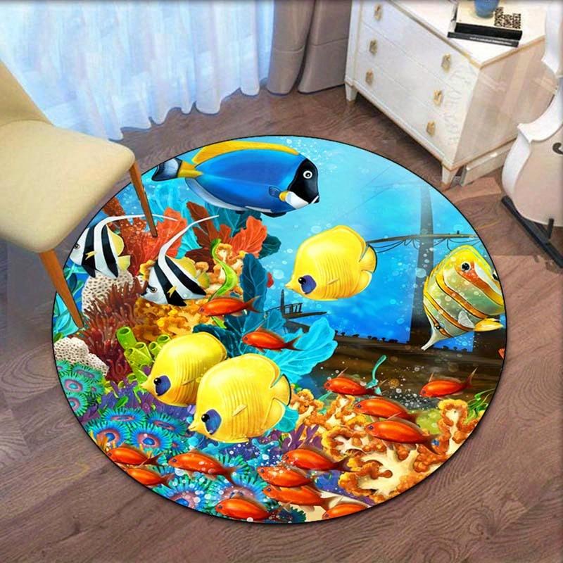 

Underwater Coral & Fish Round Rug – Colorful Ocean Life Crystal Velvet Mat for Living Room & Bedroom Diameter 60cm