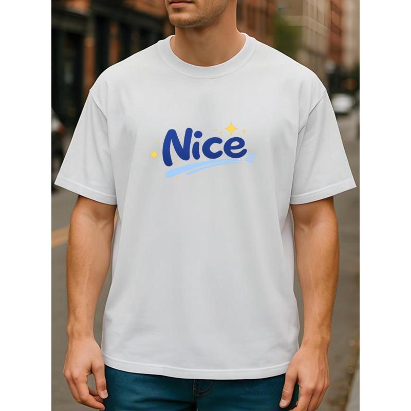 European sizes Blue Artistic Fonts Paired with Yellow Star Decorative Element Prints, Lightweight and Comfortable Round-neck Short-sleeved Shirts