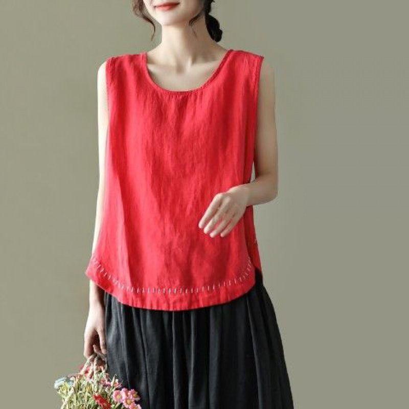 

Solid Color round Neck Sleeveless Top Pure Color round Neck All-Matching Sleeveless Tops Red L