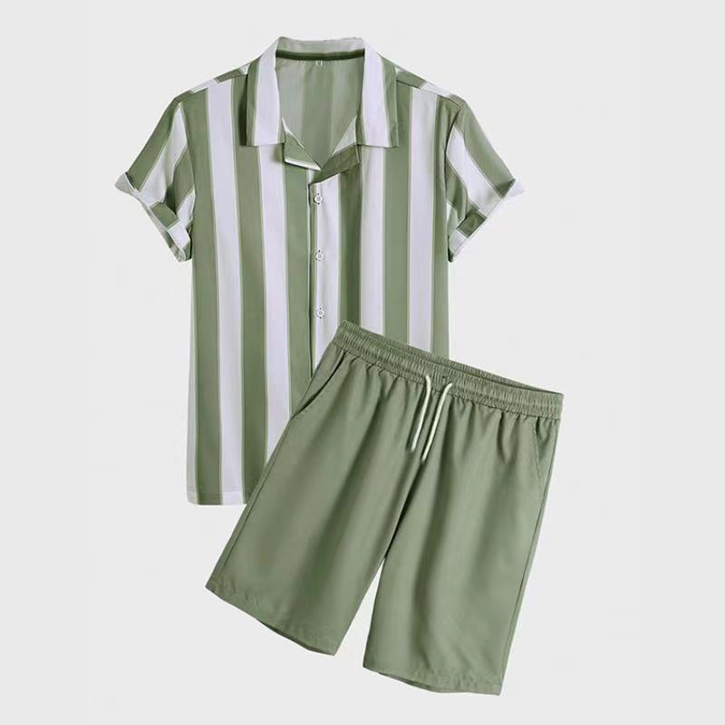 

Men s Hawaii Set for Holiday Men s Short Sleeved Striped Beach Style Shirt Two Piece Set M зелёный