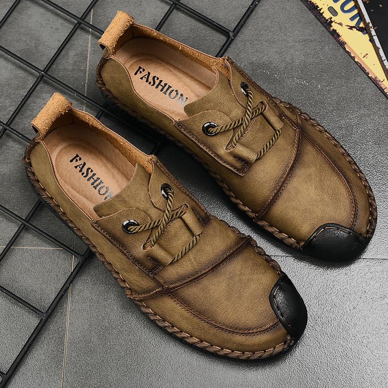 Fashion New Men's Vintage Genuine Leather Shoes Plus Size Lace-up Breathable Loafers Flats Driving Shoes