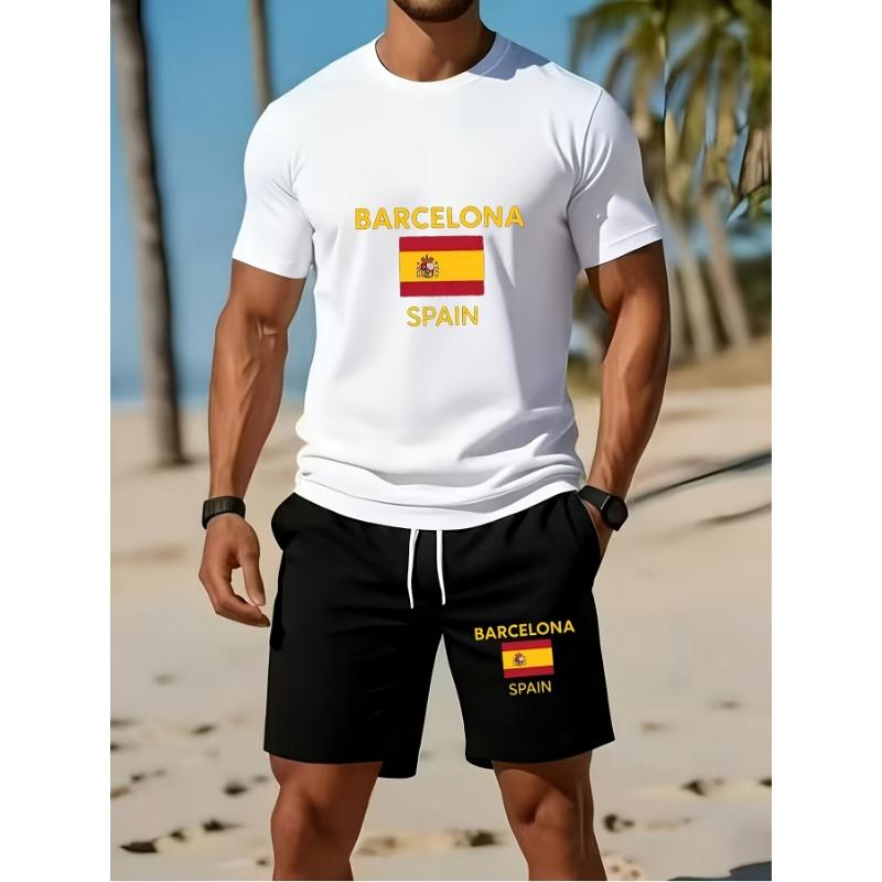 Men s Summer Barcelona Spain Print Set: Blue Tee with Flag Graphic Black Shorts. Loose Fit Big Size for Holiday Beach S белый
