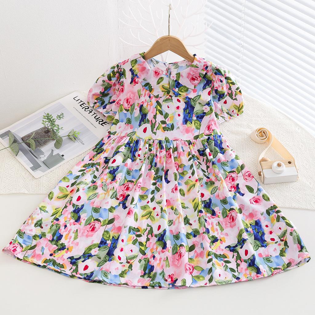 Resort Style Children's Clothing Summer Style Children's Cotton Silk Doll Collar Princess Dress Girls Artificial Cotton Floral Dress