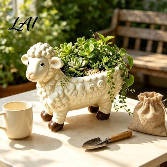 Childlike Gift for Plant Lovers Curly Sheep Planter Pot Resin Cute Lamb Flower Decorative Small Green Vessel Animal Pot Succulents Cacti Indoor