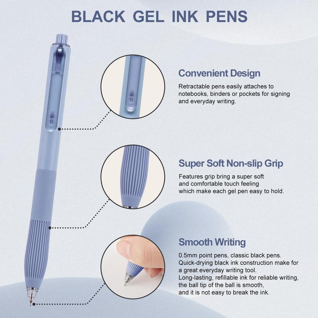 Linbsunne Gel Pens Black Ink Pens for Office 0.5mm Fine Point Pens Smooth Writing Retractable Work Pen (12-count)
