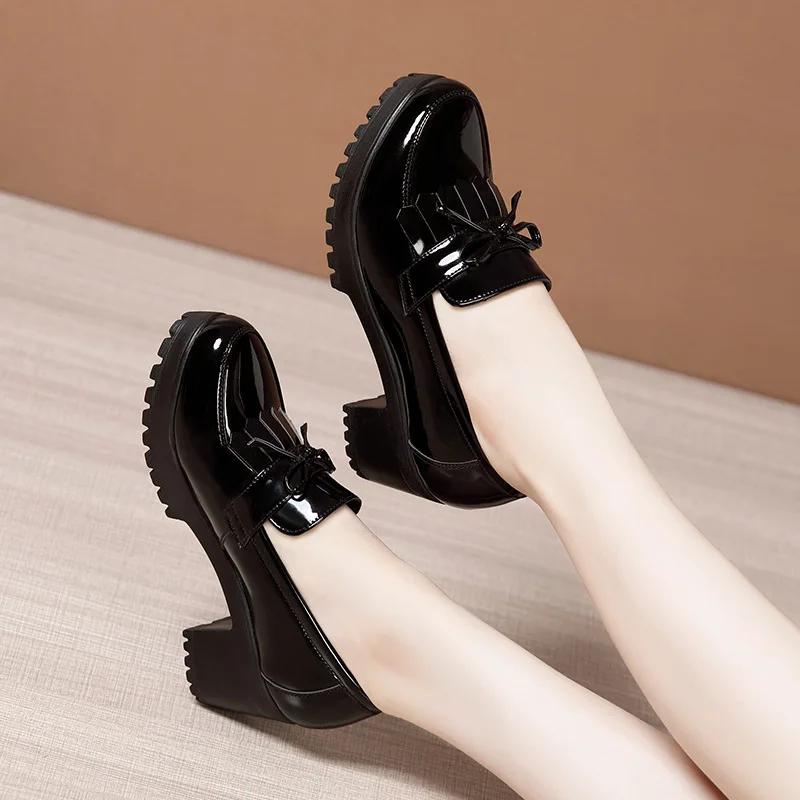 6cm Small Size 33-43 Tassel Med Block Heels Pumps Women Patent Leather Shoes 2025 Thick Bottom Platform Shoes Office Mom Model