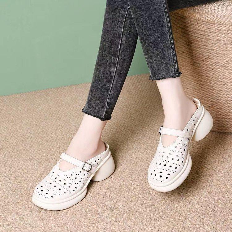 Baotou breathable slippers women's summer outer wear 2025 summer new thick heel thick sole hollow one pedal super soft women's shoes