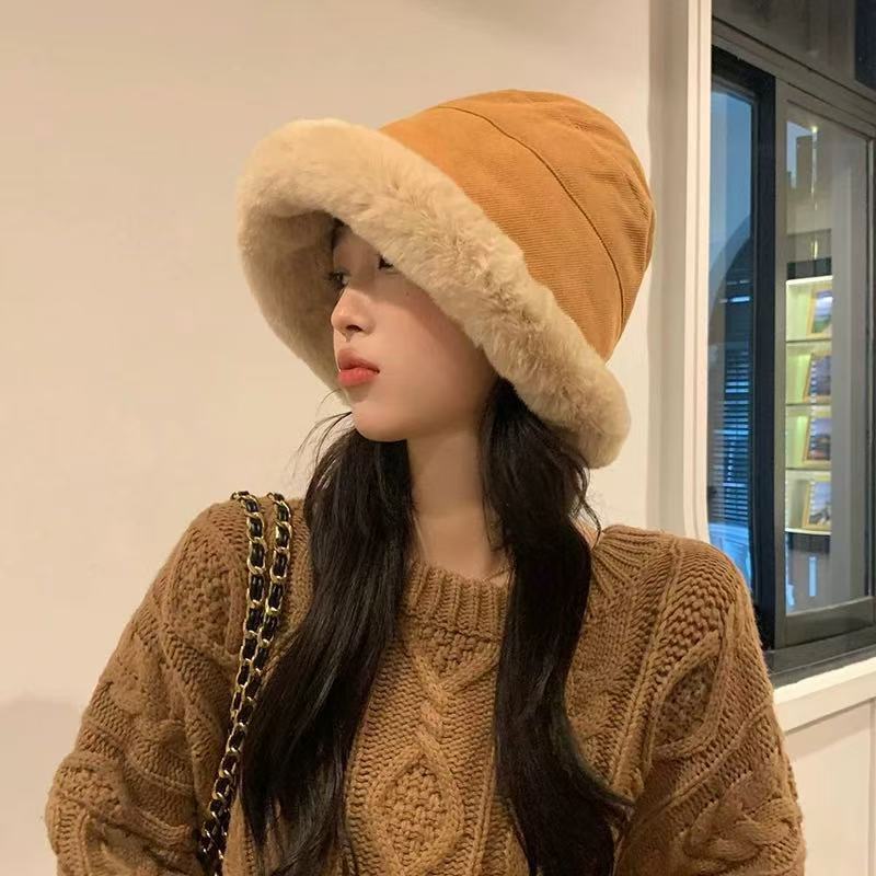 Autumn and winter plush thickened hat women's plush bucket hat crimped cold-proof thickened windproof warm ear protection Mongolian basin hat