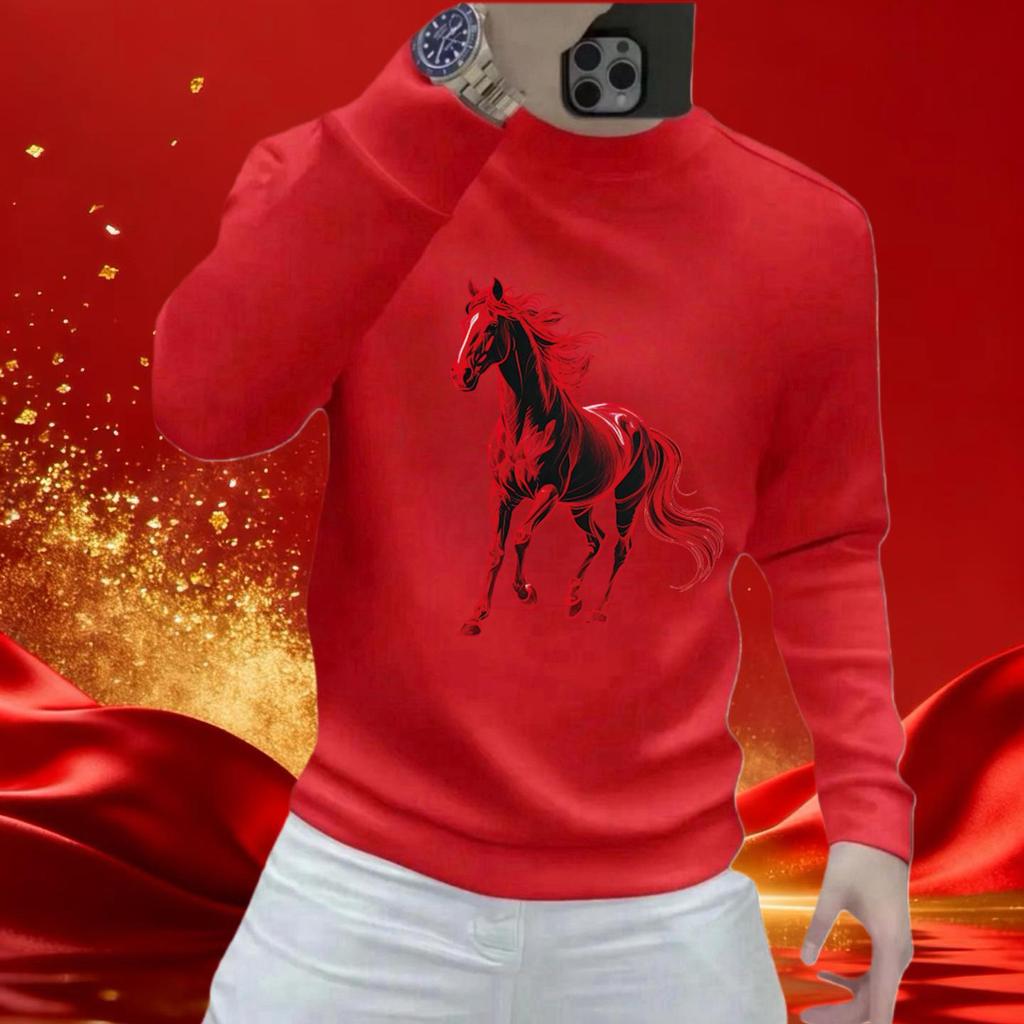 2026 Year of the Horse Zodiac Men's Red Hoodie - Cotton Print Long Sleeve T-Shirt Top