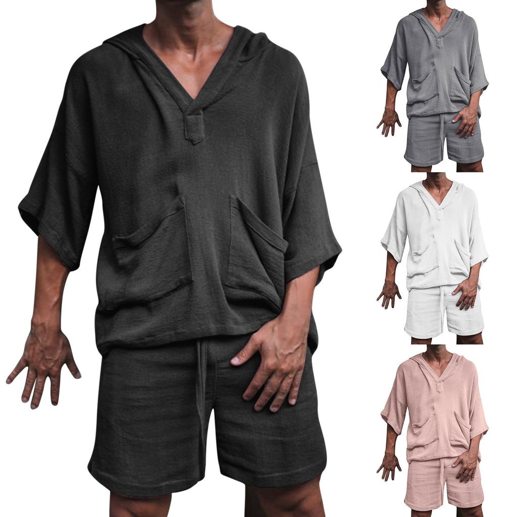 Fashion Men Two Piece Set Casual Cotton Linen Solid Loose Outfits Summer Half Sleeve V-Neck T-Shirt And Shorts Suits For Mens