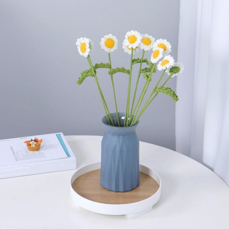 5Pcs Crochet Flower Decorations Handmade Knit Chamomiles Flower Knit Bouquets Artificial Flower for Room Decorations