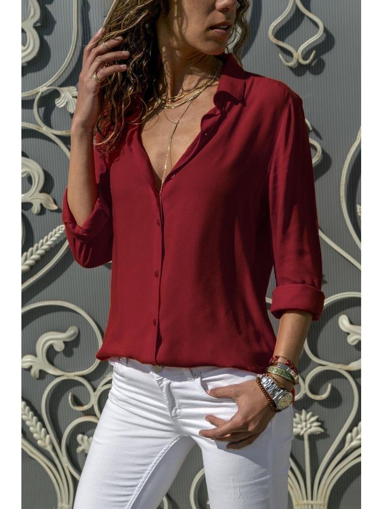Women's Deep V Neck Long Sleeve Chiffon Shirt Solid Color Spring Summer Top