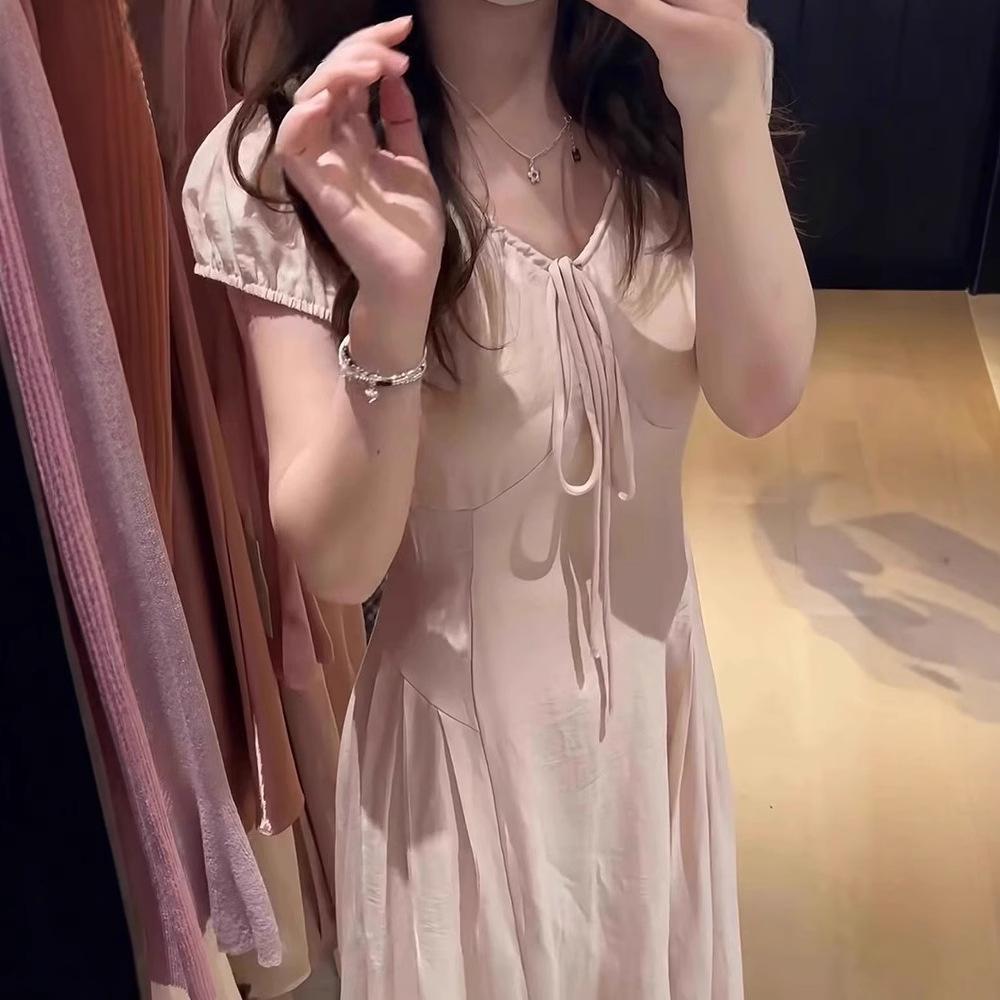 Holiday Style Pink Bow Strap Short-sleeved Dress Women's Summer Gentle Wind Temperament Waist A-word Skirt Long Dress