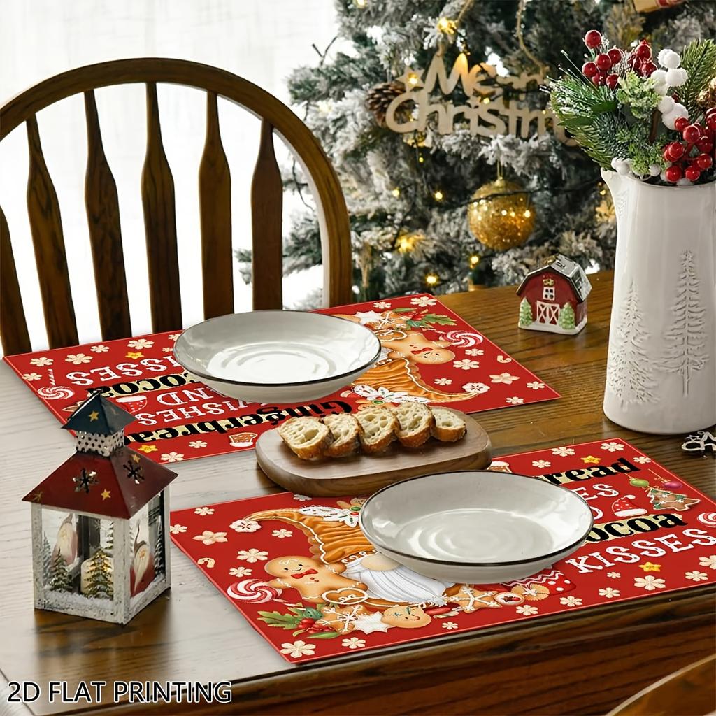 4pcs/6pcs, Christmas Table Placemats, Gnome Gingerbread Xmas Placemats Table Decor, Suitable for Home Kitchen Restaurant Decor, Holiday Party Table De