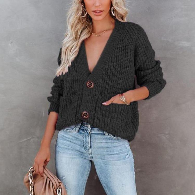 V-Ausschnitt Uni Cardigan Pullover Jacke mit langen Ärmeln für Herbst und Winter Einreiher Oberteil