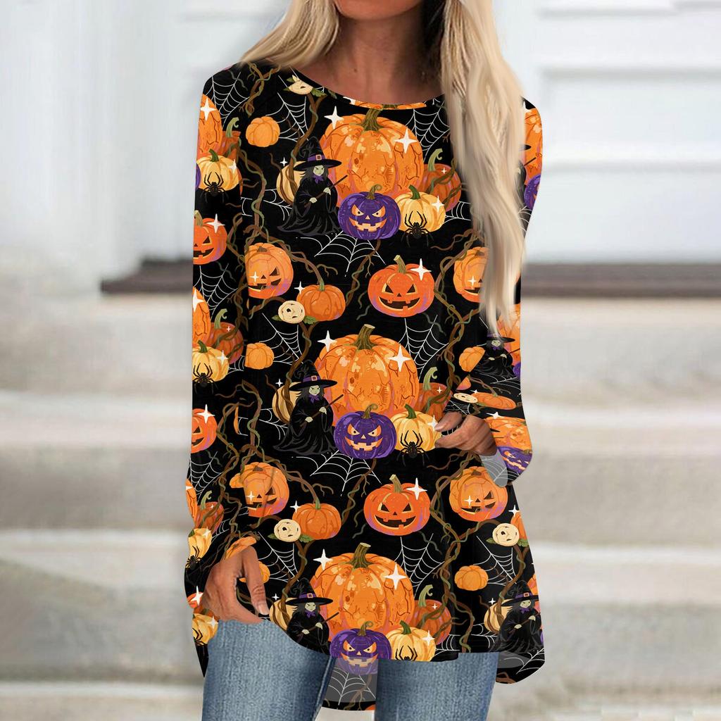 Women's Halloween Printed Long Sleeve Round Neck Tunic Top for Casual Wear
