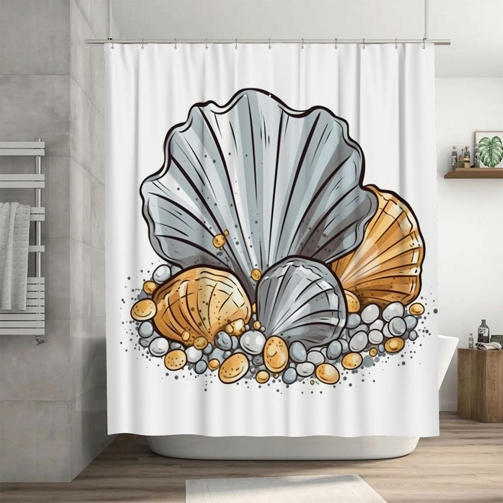 Sea Shell Bath Curtain Set Soft Fabric Shower Curtains With Seashells Print Decor For Bathroom Gold Grey