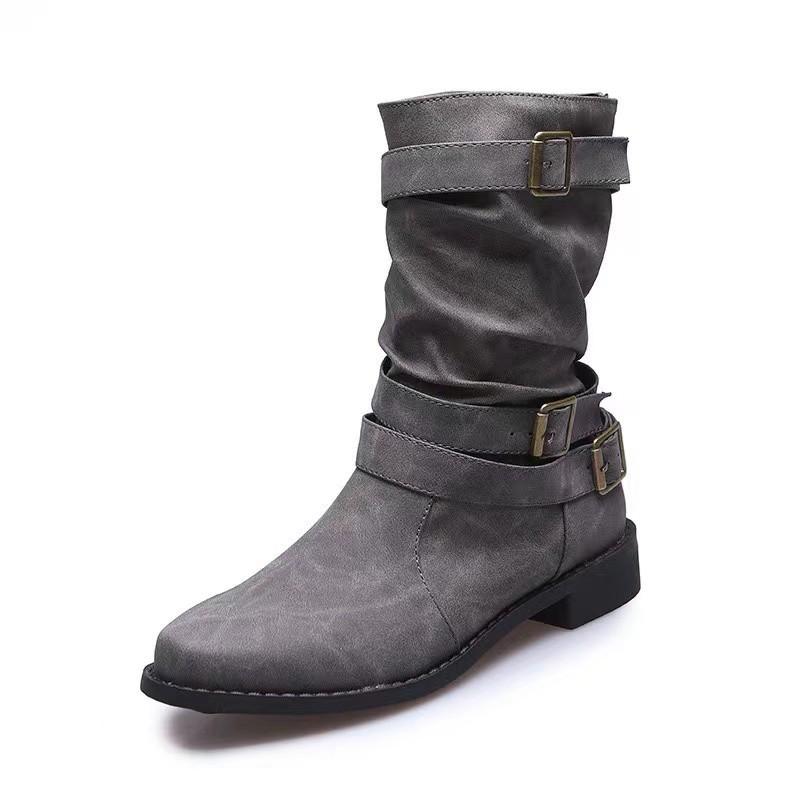 Autumn And Winter Large Slope Heel Women'S Boots Solid Color Folded Slope Heel Buckle Short Style 35-43