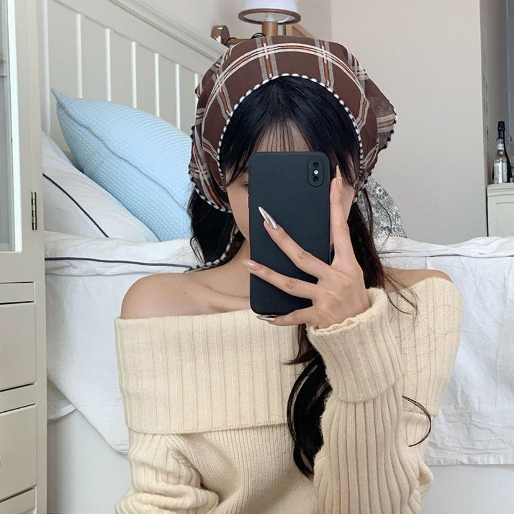 Cotton Pastoral Style Headscarf Turban Triangular Hair Band Sweet Lattice Headscarf  Summer