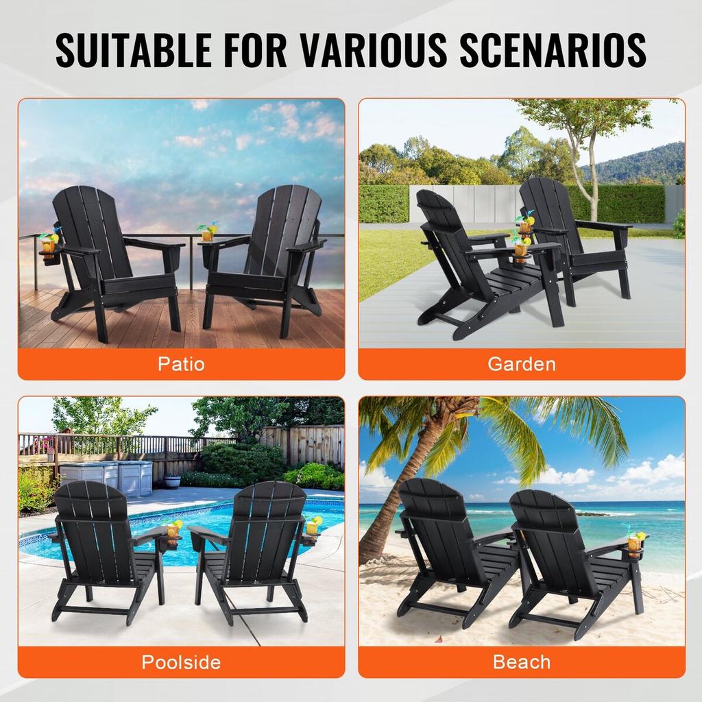 Adirondack Chair Plastic Set of 2 All-Weather Folding Fire Pit Black