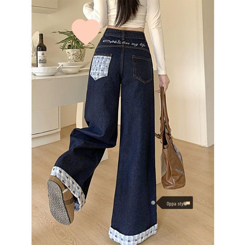 2025 Plus Size Retro Patchwork Plaid Wide-Leg Jeans for Women - Spring/Autumn Loose Fit