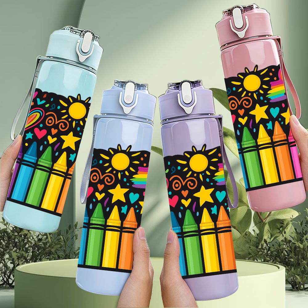 1PC Color Crayon Box Layout 750ml Color Plastic Sports Water Bottle Leakproof Flip Straw Lid For Sports Office Home Use