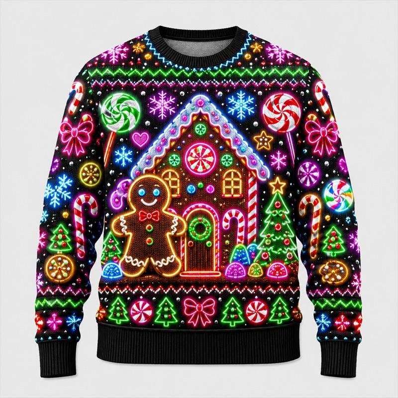 Maglione Brutto di Natale con Stampa al Neon per Uomo Moda Festiva Manica Lunga Felpe per Riunioni Pullover Oversize Casual
