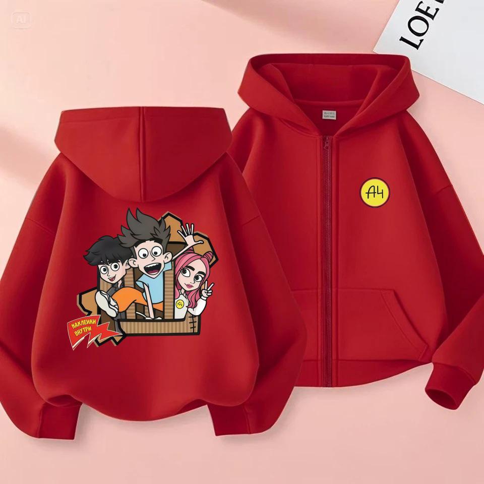 A4 Cartoon Trio Hooded Cardigan for Kids, Double-Sided Print Loose Casual Sweatshirt, Spring/Autumn.