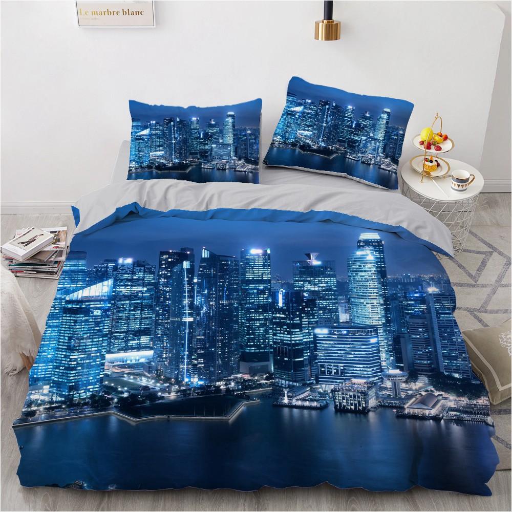Urban Night View Duvet Cover Set Brightly Lit Night Scene Bedding Set For Teens Adults Queen Size Soft Microfiber Quilt Cover