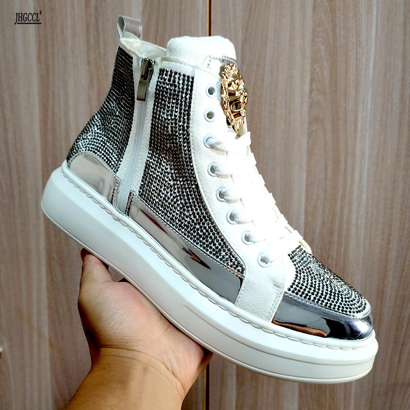 Scarpe casual da uomo con diamanti Sneakers alte in pelle scamosciata rivettata di alta qualità con cerniera Zapatos Hombre A7 cm nero