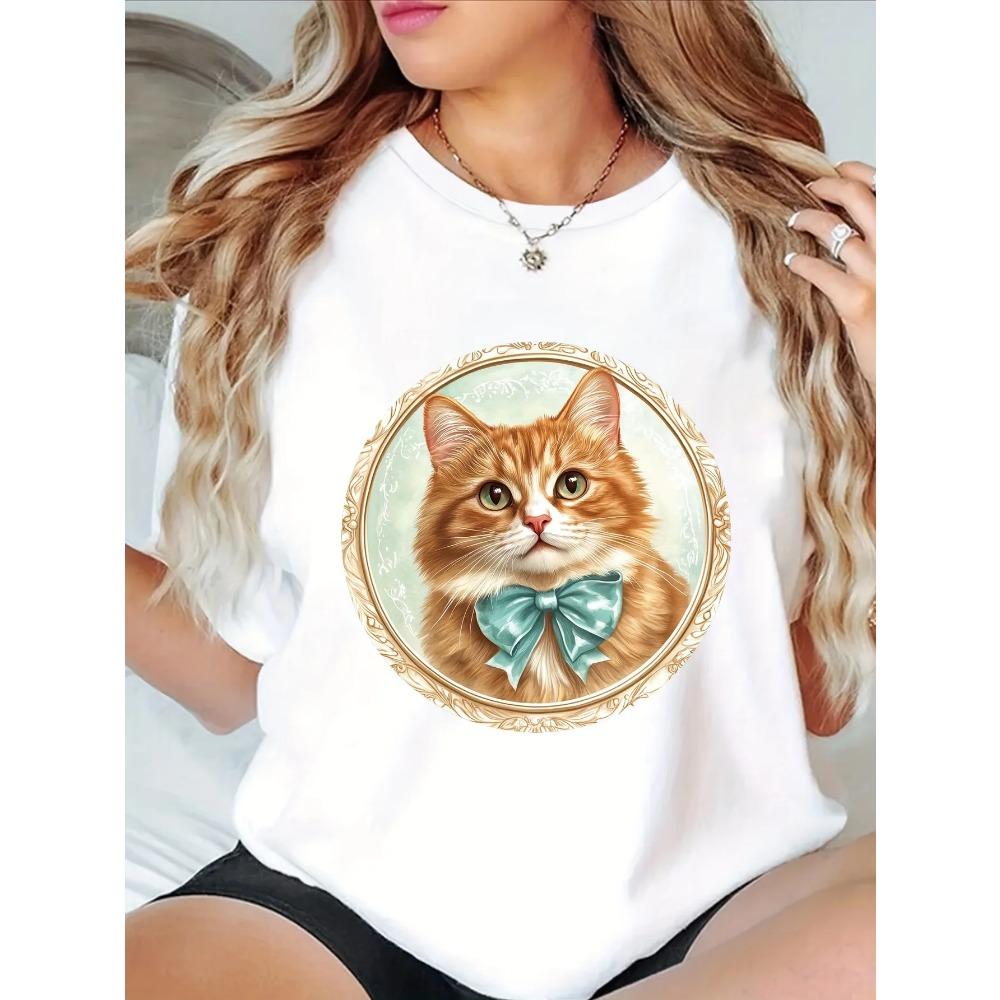 Women Men Summer Cat Print T-Shirt Cute Kitten with Bow Tie Lovely Pet Graphic Tee Short Sleeve Crew Neck Top