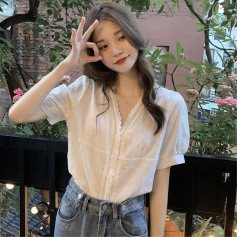 New ArriVals Open Run Women V Neck ShorT sleeVe T shirT whiTe Lace Embroidery