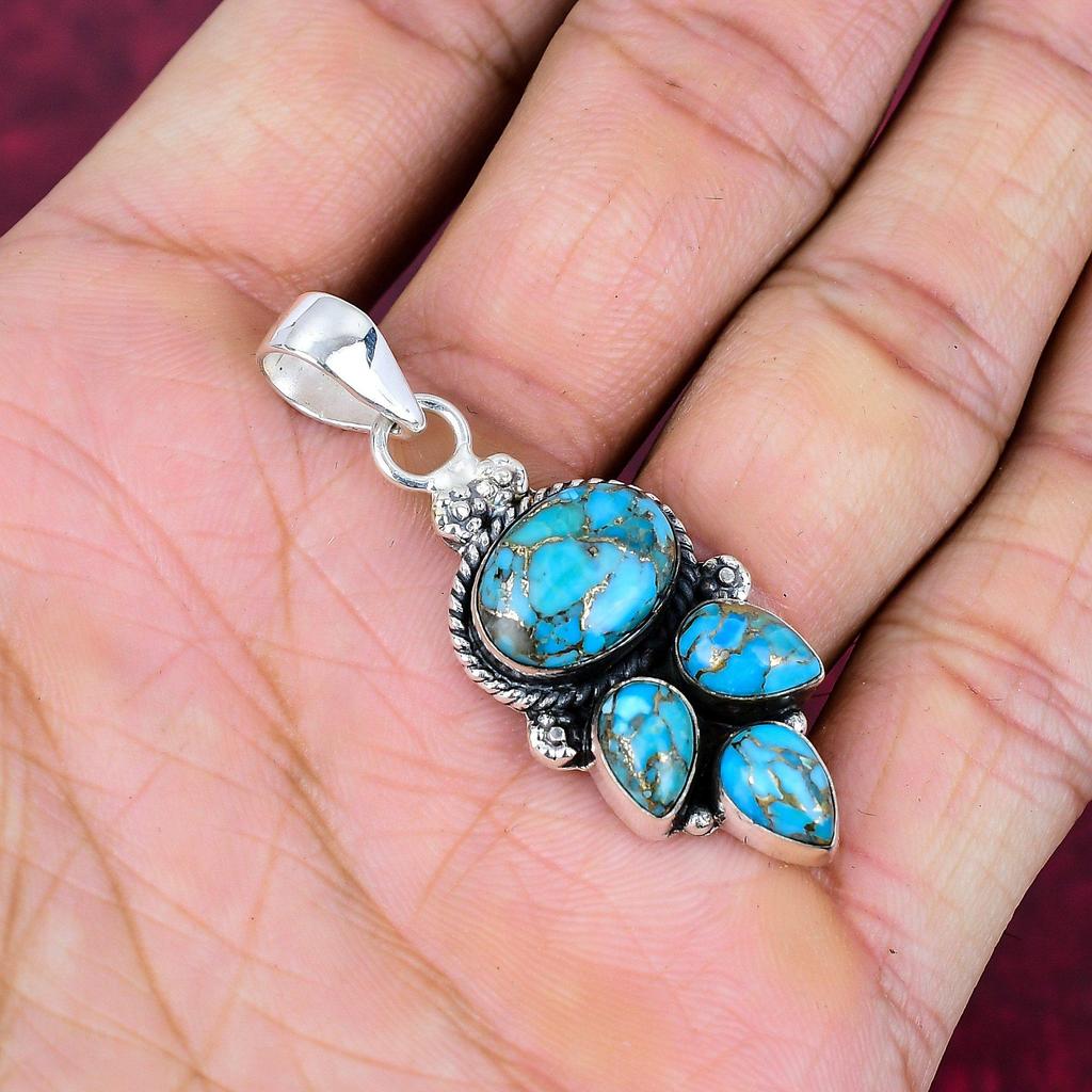 Blue Copper Turquoise Handmade Gemstone Pendant, 925 Solid Sterling Silver Pendant Antique Jewelry, For Engagement Gift