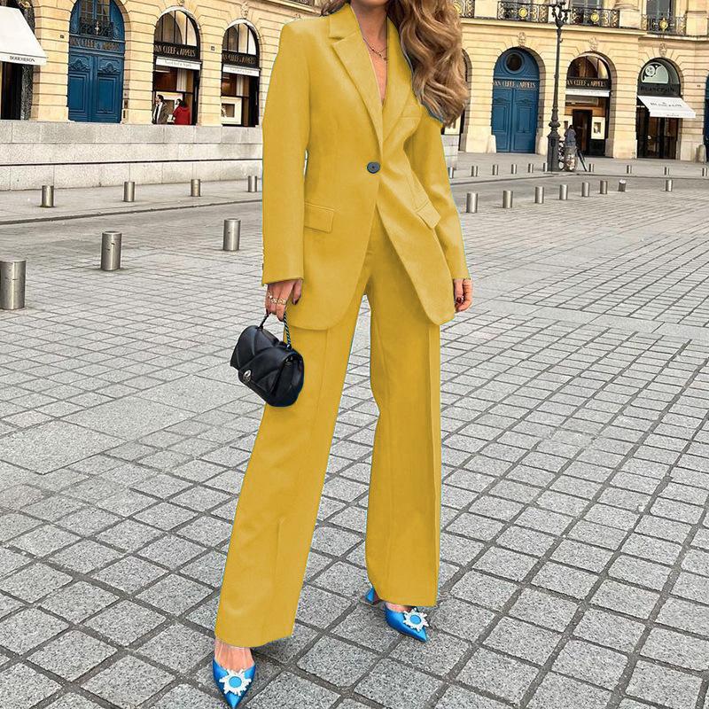 Damen lockerer Zweiteiler Anzug Langarm Blazer Hohe Taille Weite Hosen Einfaches Büro Kombinationsset