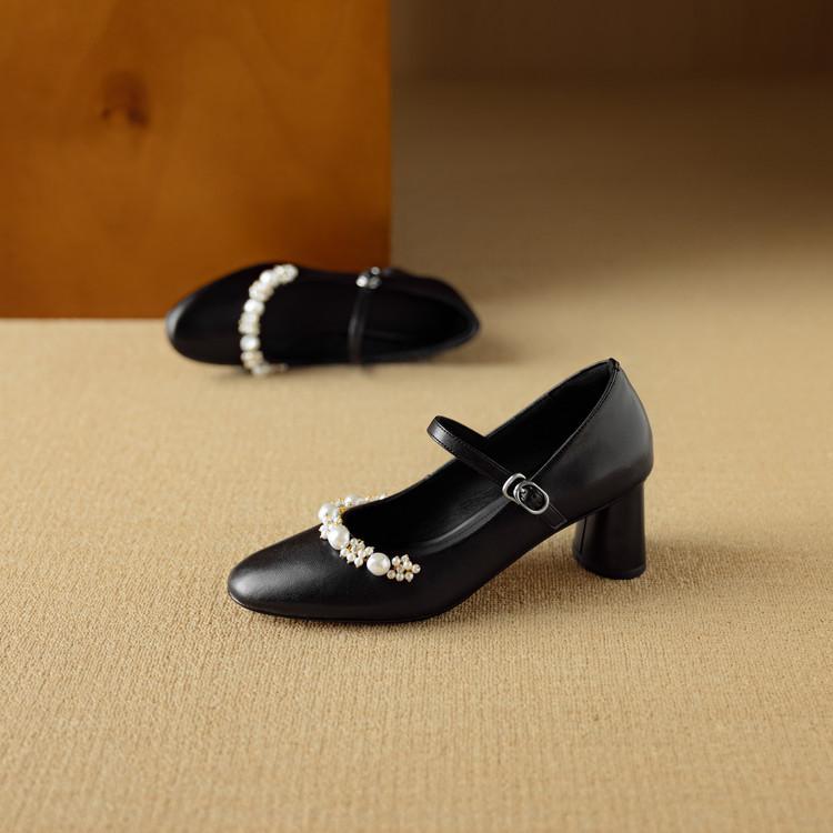 Great Good To Wear French Light Mouth Single Shoes Women's Spring and Autumn Pearl Round Head High Heels Thick Heel Leather Beige Mary Jane Shoes