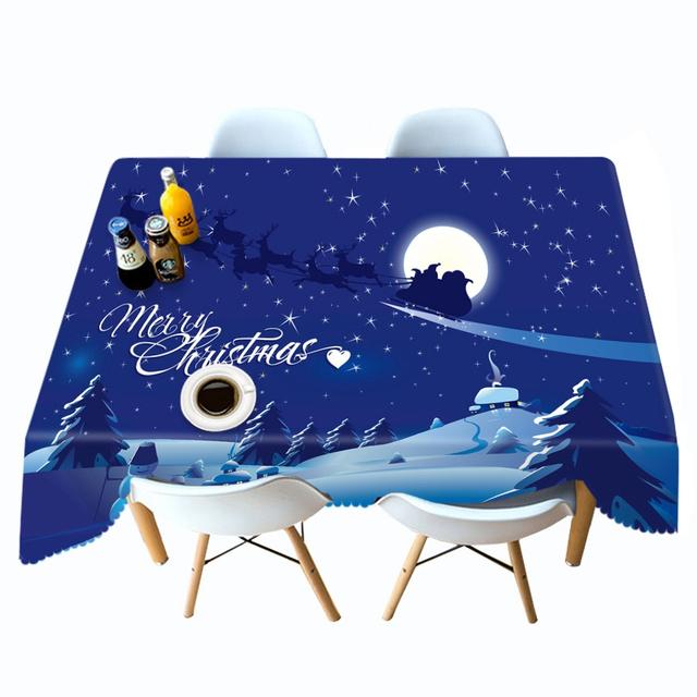 Thicken Cotton Tablecloth Blue Background Santa Claus Snow Pattern Rectangular Round Table Cloth For Wedding Picnic Party