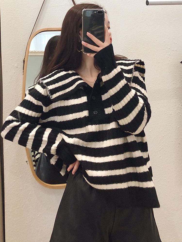 Women's 2024 Hot Style Thickened Striped Sweater with Navy Collar - Lazy Niche Design for Autumn and Winter