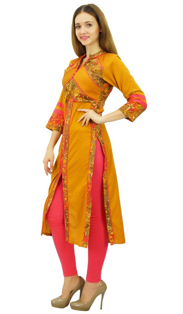 Phagun Women's Designer Mustard Tunic Solid Cotton Kurta Ethinc Ladies