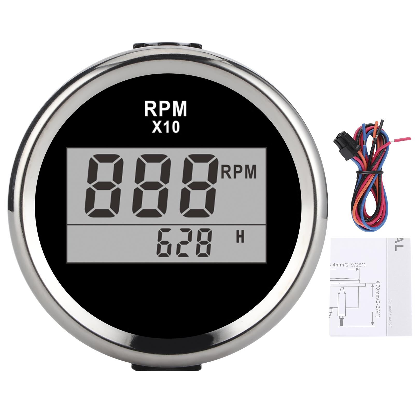 

0‑9990RPM Tachometer Gauge IP67 Waterproof Red Backlight 52mm 2in LCD Display 9‑32V Black background silver frame