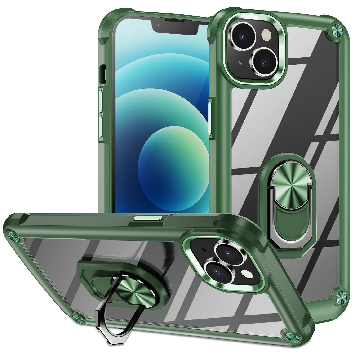 

For iPhone 15 Shockproof Case Ring Kickstand PC+TPU Phone Cover with Alloy Lens Frame Green