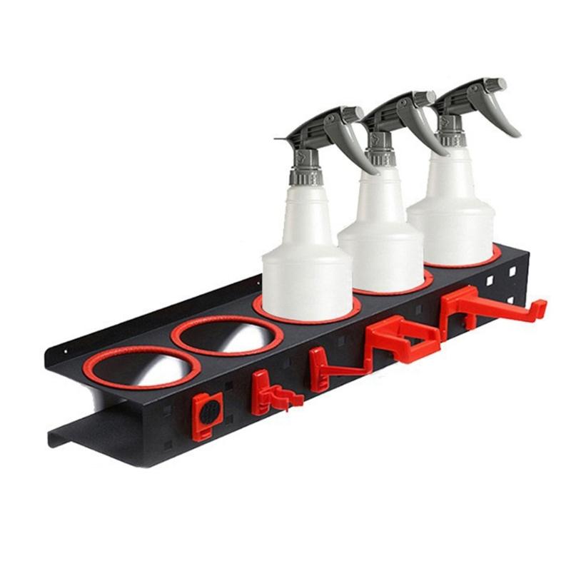 Wall Mount Sprays Bottle Organizers with 5 Hook Vehicle Care Tool Rack Sprays Can & Bottle Bracket for Garage Cleaning Tool
