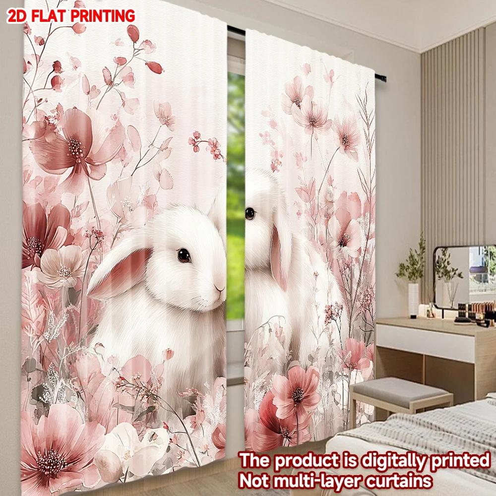 Set Of 2 Bunny Flowers Curtains Digital Print Cute White Rabbit Pink Blossoms Design Cozy Bedroom Living Room Decor Curtain Polyester Perfect For
