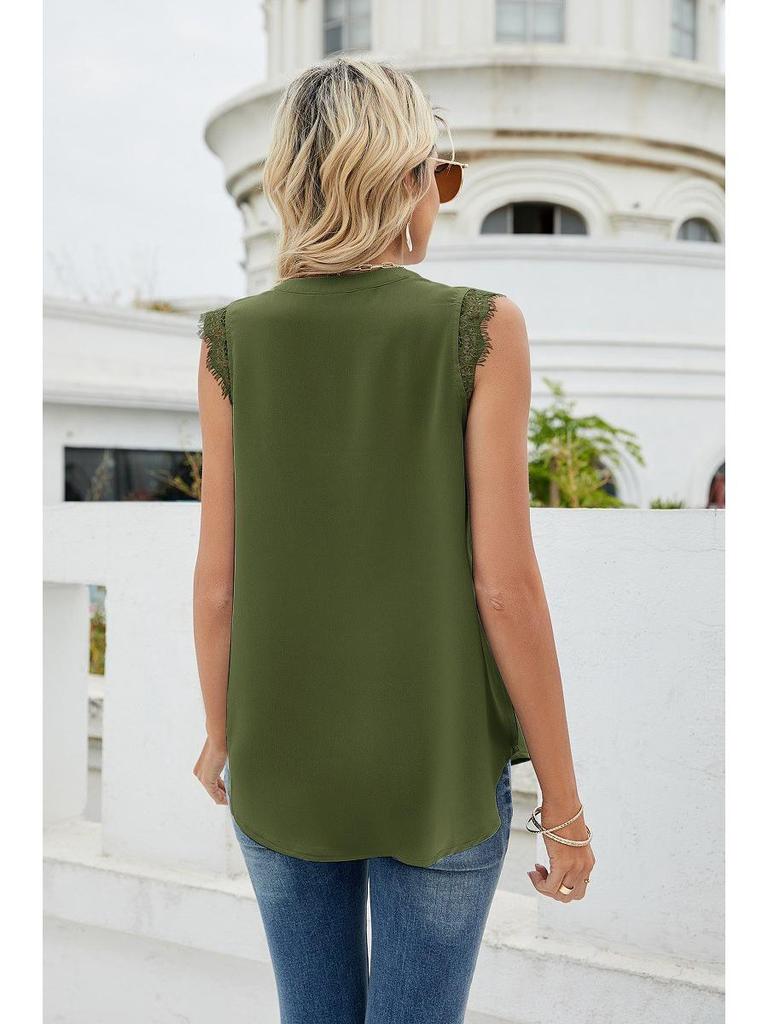 European & American Women's Fashion: Spring/Summer Solid Color V-Neck Sleeveless Shirt with Lace Trim