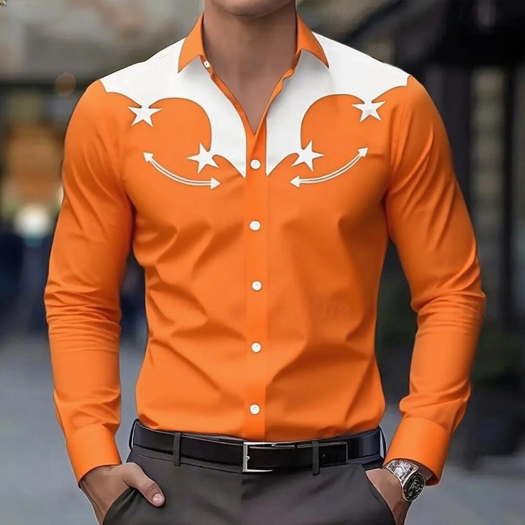 Western Style Men's Long Sleeve Shirt, Star Arrow Print, Fashionable Casual Top