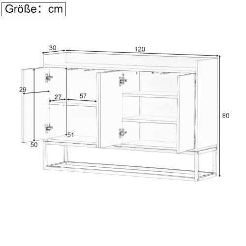 Sideboard Kommode im minimalistischen Stil, Modernes Buffetschrank mit 4 Türen, Metallbeinen, Schubladenkommode mit Verstellbares Regal