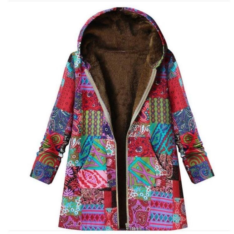 Vintage Floral Fleece Jacket for Women Warm Hooded Long Sleeve Coat with Pockets Casual Fashion Zipper Outerwear