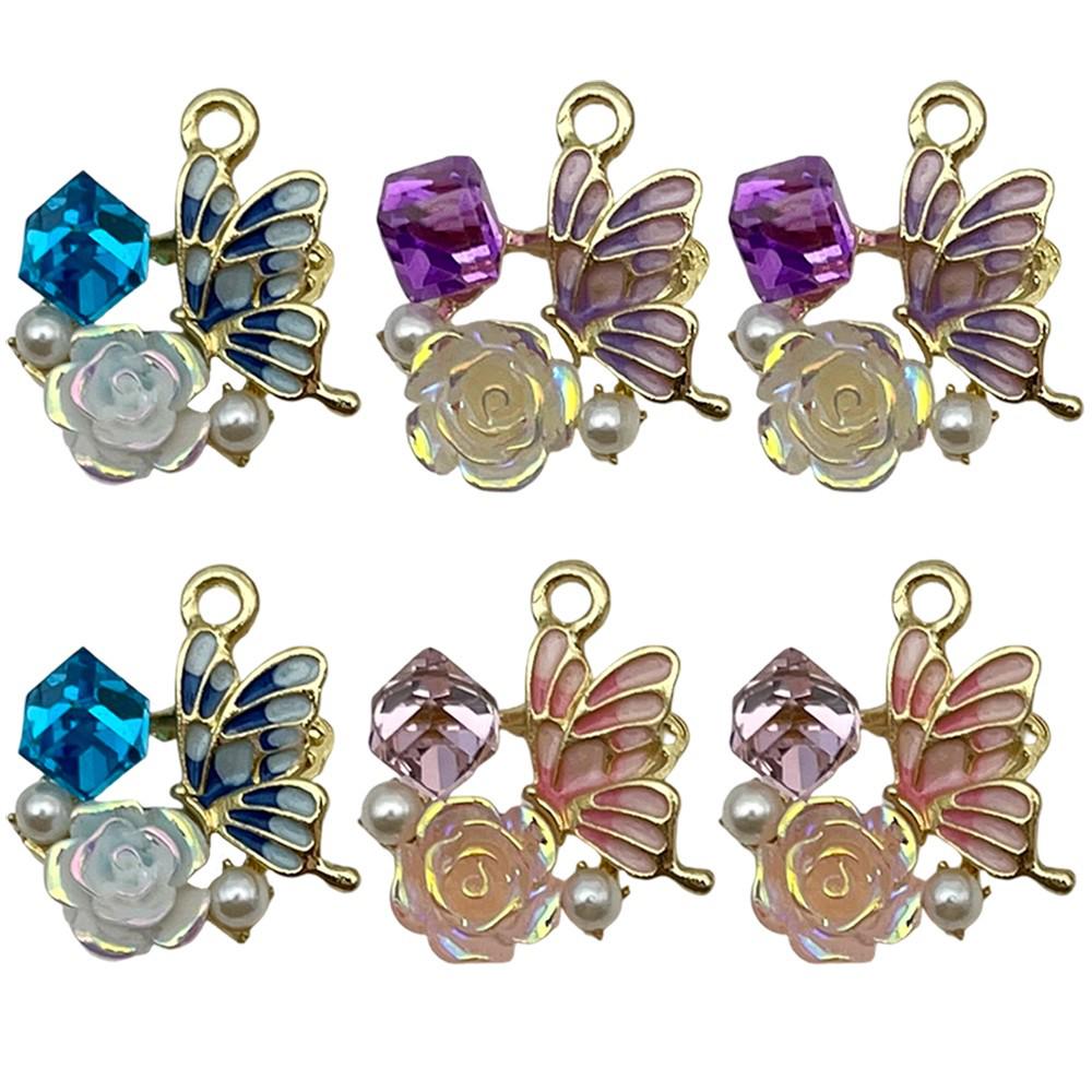 Mixed 6-Color Oil Drip Rhinestone Butterfly Flower Pendant Charm for DIY Jewelry