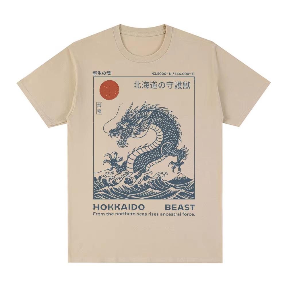 Hokkaido Beast Dragon Tshirts Retro Japanese Style Wave Illustration T Shirts Unisexs Clothing Short Sleeve Cotton Casual Tees
